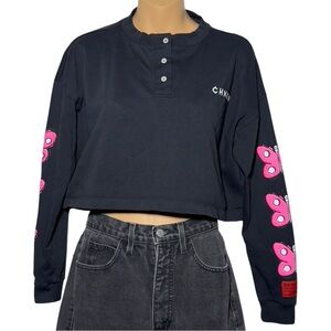 CHNGE Cropped Shirt XS Oversized Pink Butterflies Organic Cotton Workout Logo
